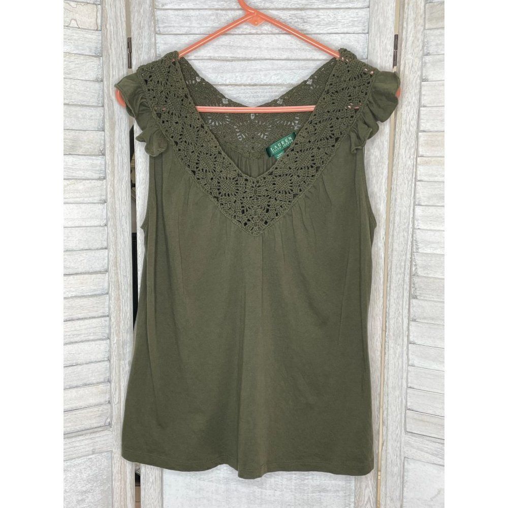 Ralph Lauren Army Green Crochet V Neck Tank Top Size Small